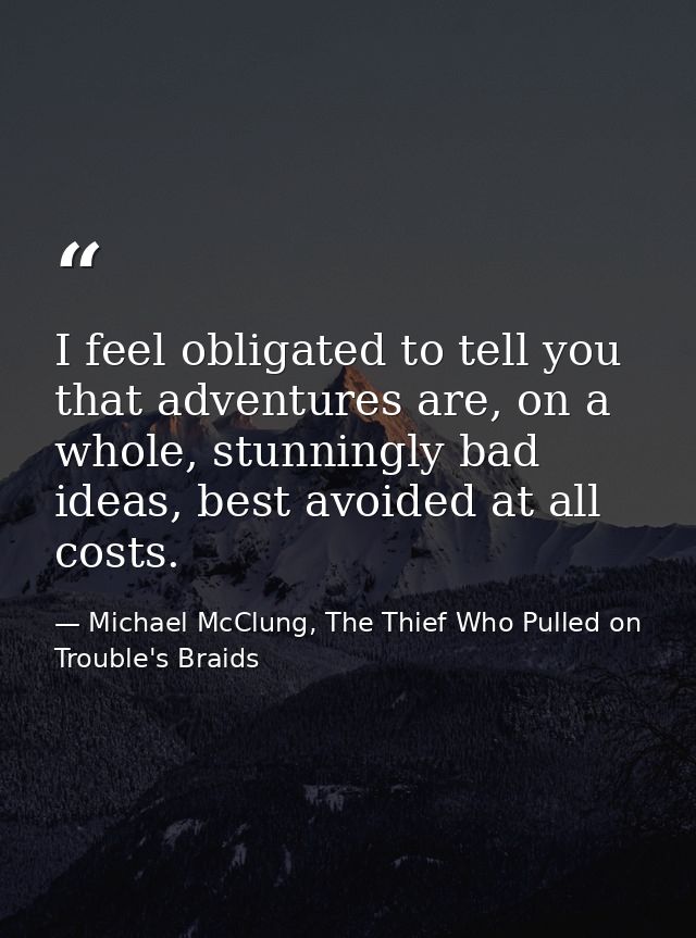 I feel obligated to tell you that adventures are, on a whole, stunningly bad ideas, best avoided at all costs. — Michael McClung, The Thief Who Pulled on Trouble's Braids