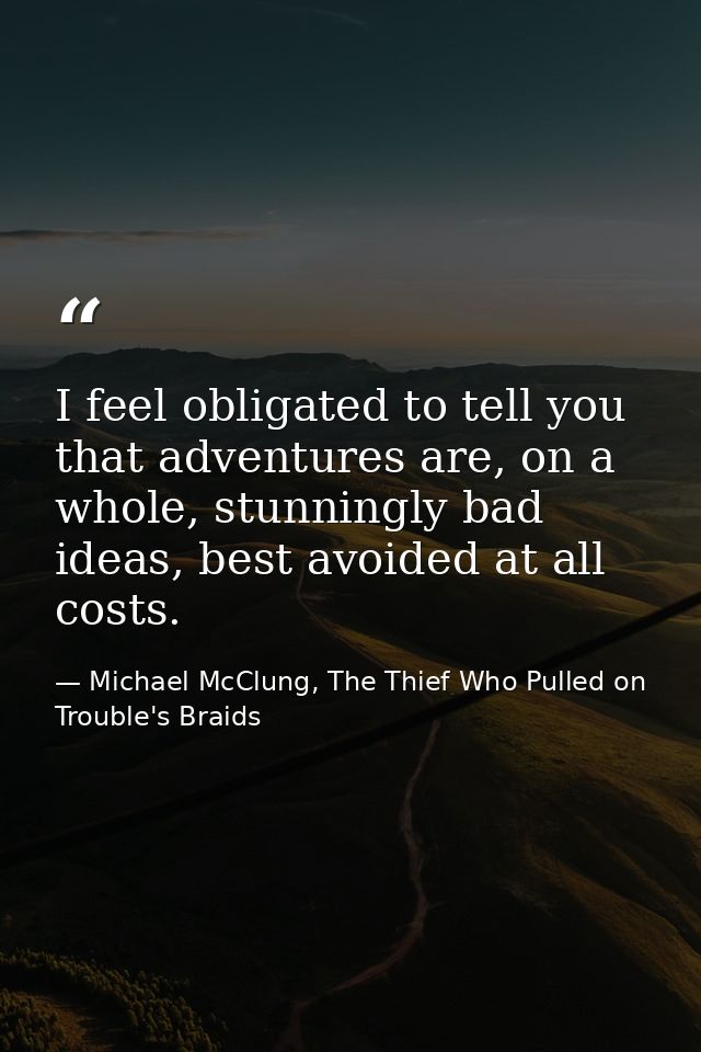 I feel obligated to tell you that adventures are, on a whole, stunningly bad ideas, best avoided at all costs. — Michael McClung, The Thief Who Pulled on Trouble's Braids