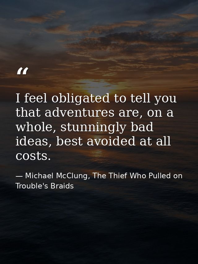 I feel obligated to tell you that adventures are, on a whole, stunningly bad ideas, best avoided at all costs. — Michael McClung, The Thief Who Pulled on Trouble's Braids