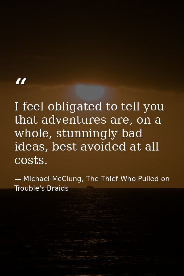 I feel obligated to tell you that adventures are, on a whole, stunningly bad ideas, best avoided at all costs. — Michael McClung, The Thief Who Pulled on Trouble's Braids