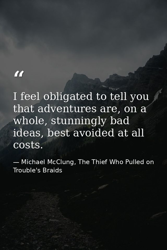 I feel obligated to tell you that adventures are, on a whole, stunningly bad ideas, best avoided at all costs. — Michael McClung, The Thief Who Pulled on Trouble's Braids