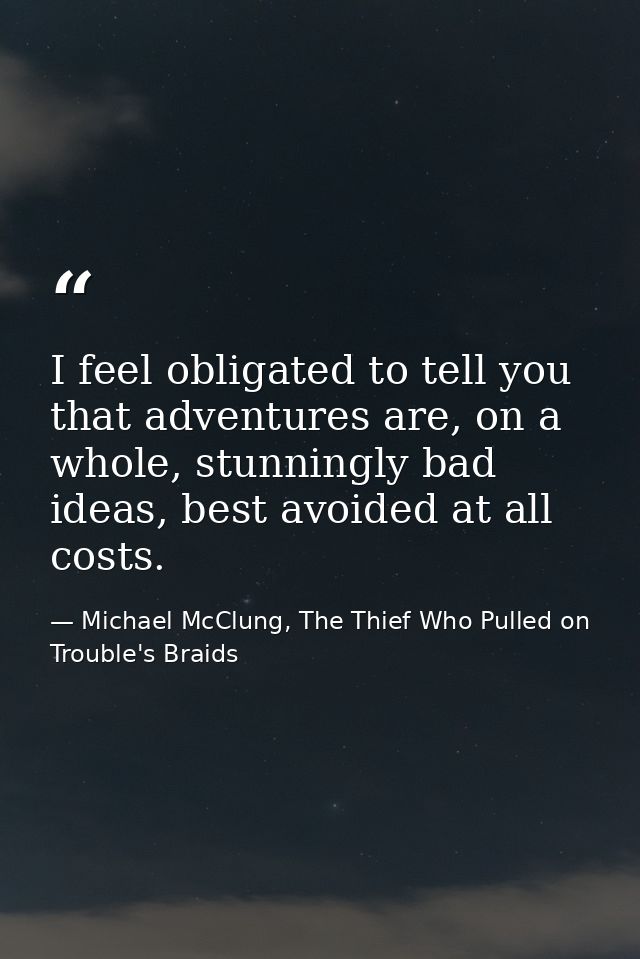 I feel obligated to tell you that adventures are, on a whole, stunningly bad ideas, best avoided at all costs. — Michael McClung, The Thief Who Pulled on Trouble's Braids