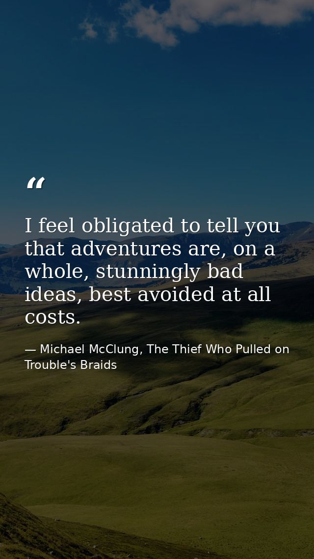 I feel obligated to tell you that adventures are, on a whole, stunningly bad ideas, best avoided at all costs. — Michael McClung, The Thief Who Pulled on Trouble's Braids