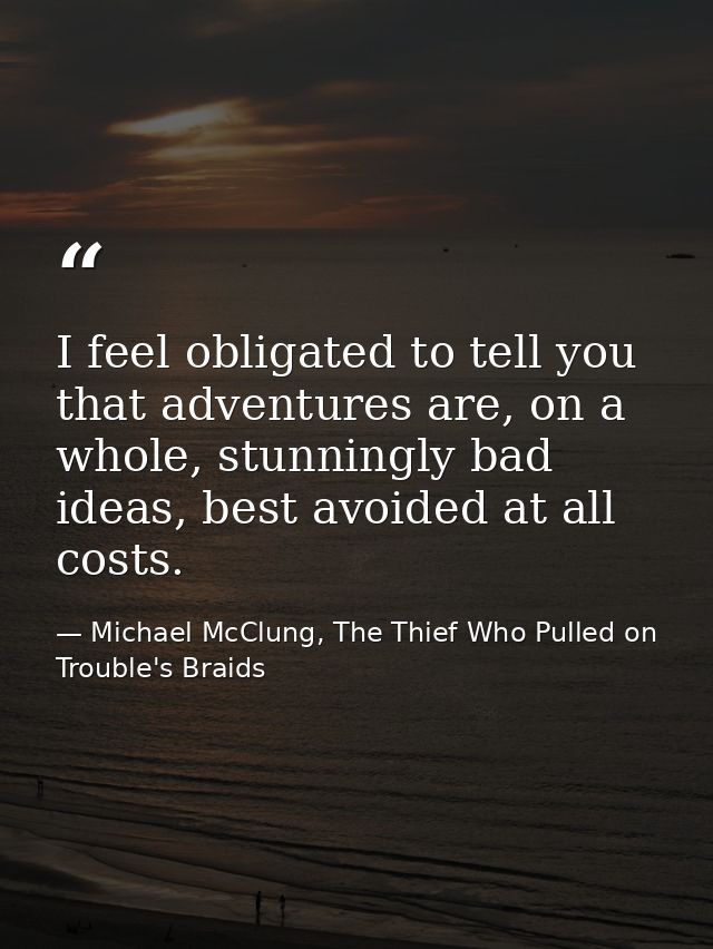 I feel obligated to tell you that adventures are, on a whole, stunningly bad ideas, best avoided at all costs. — Michael McClung, The Thief Who Pulled on Trouble's Braids