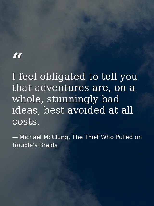 I feel obligated to tell you that adventures are, on a whole, stunningly bad ideas, best avoided at all costs. — Michael McClung, The Thief Who Pulled on Trouble's Braids