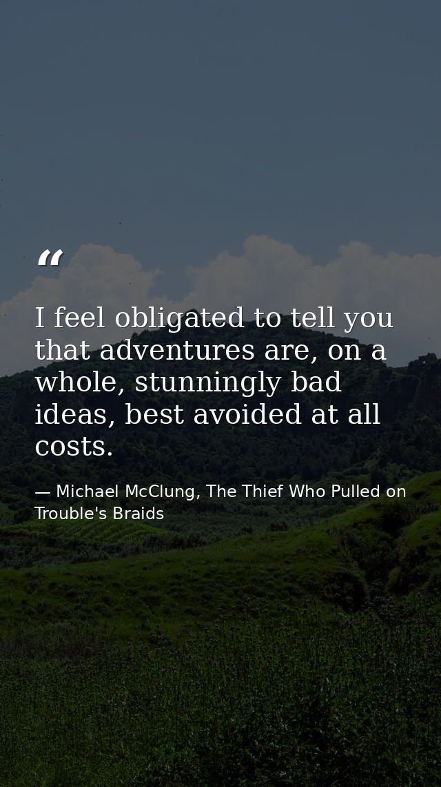 I feel obligated to tell you that adventures are, on a whole, stunningly bad ideas, best avoided at all costs. — Michael McClung, The Thief Who Pulled on Trouble's Braids