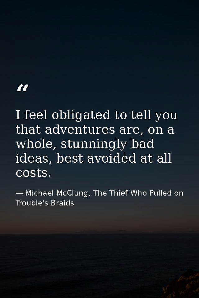 I feel obligated to tell you that adventures are, on a whole, stunningly bad ideas, best avoided at all costs. — Michael McClung, The Thief Who Pulled on Trouble's Braids