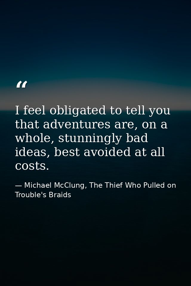 I feel obligated to tell you that adventures are, on a whole, stunningly bad ideas, best avoided at all costs. — Michael McClung, The Thief Who Pulled on Trouble's Braids