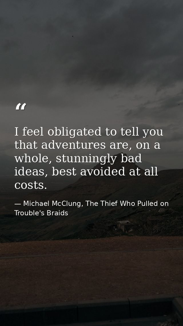 I feel obligated to tell you that adventures are, on a whole, stunningly bad ideas, best avoided at all costs. — Michael McClung, The Thief Who Pulled on Trouble's Braids