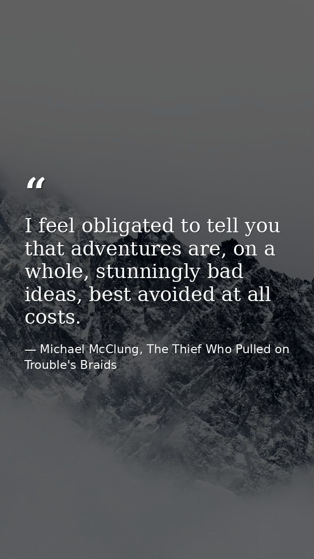 I feel obligated to tell you that adventures are, on a whole, stunningly bad ideas, best avoided at all costs. — Michael McClung, The Thief Who Pulled on Trouble's Braids