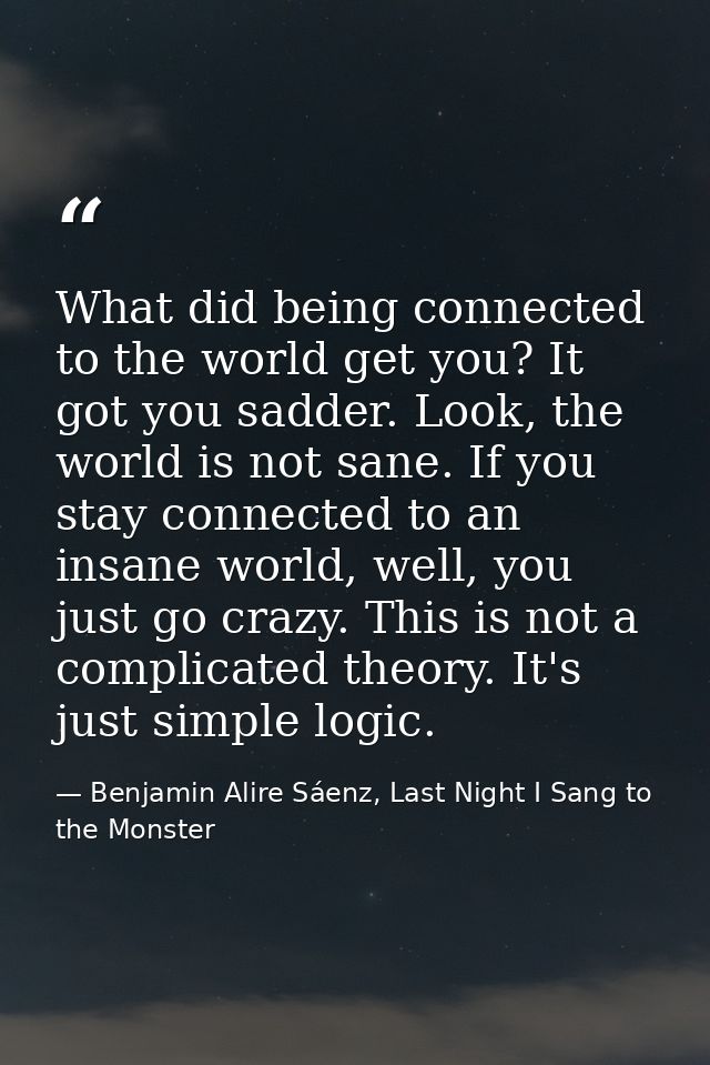 What did being connected to the world get you? It got you sadder. Look, the world is not sane. If you stay connected to  — Benjamin Alire Sáenz, Last Night I Sang to the Monster