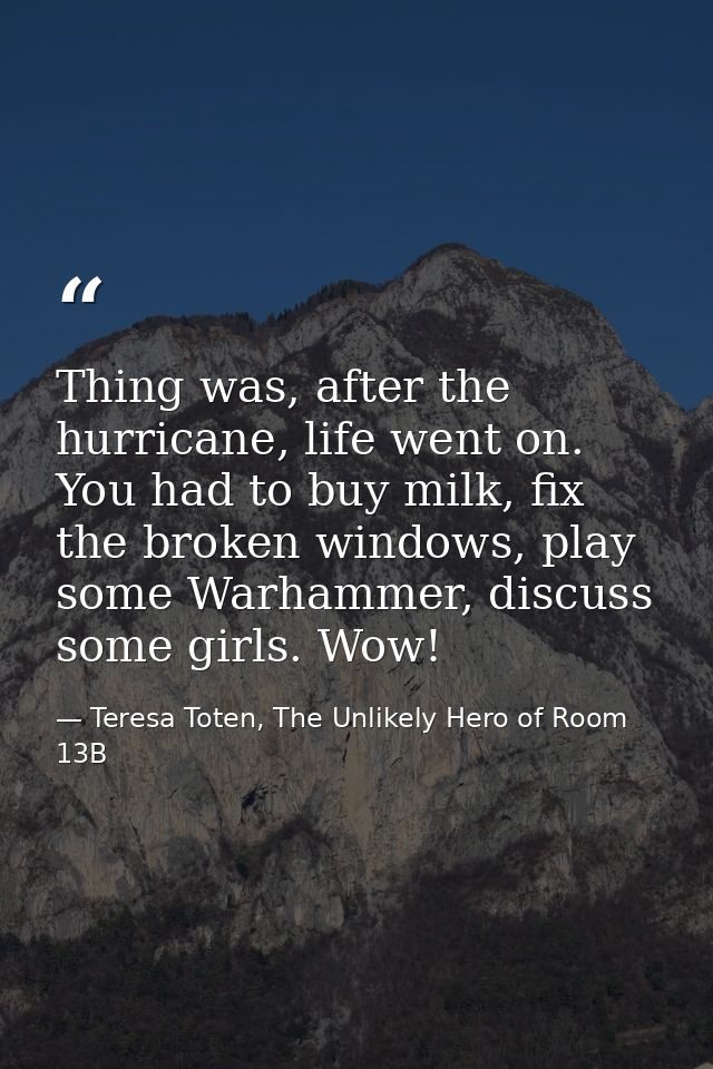 Thing was, after the hurricane, life went on. You had to buy milk, fix the broken windows, play some Warhammer, discuss  — Teresa Toten, The Unlikely Hero of Room 13B