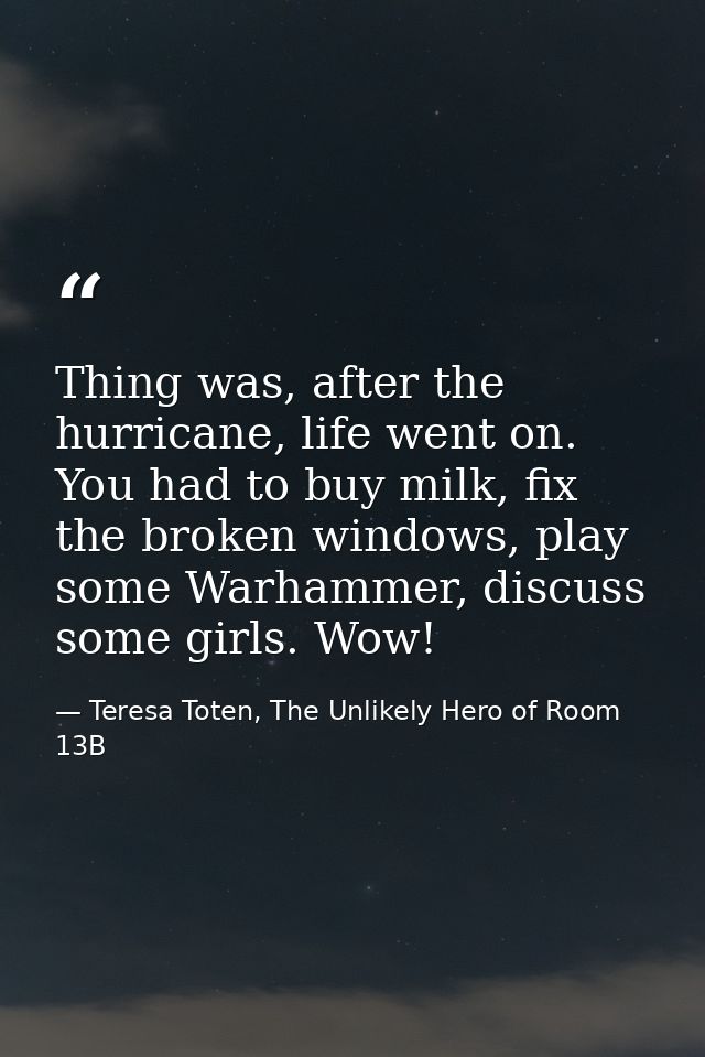 Thing was, after the hurricane, life went on. You had to buy milk, fix the broken windows, play some Warhammer, discuss  — Teresa Toten, The Unlikely Hero of Room 13B