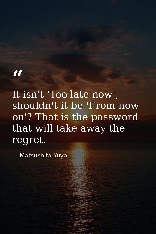 It isn't 'Too late now', shouldn't it be 'From now on'? That is the password that will take away the regret. — Matsushita Yuya