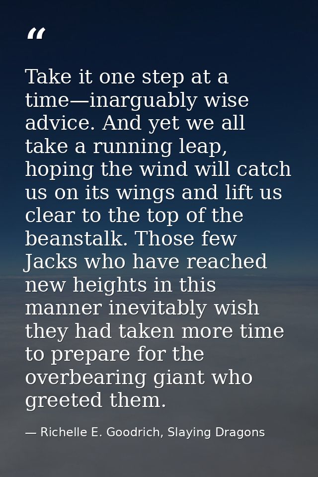 Take it one step at a time—inarguably wise advice. And yet we all take a running leap, hoping the wind will catch us on  — Richelle E. Goodrich, Slaying Dragons