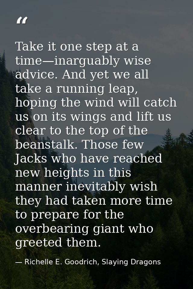 Take it one step at a time—inarguably wise advice. And yet we all take a running leap, hoping the wind will catch us on  — Richelle E. Goodrich, Slaying Dragons