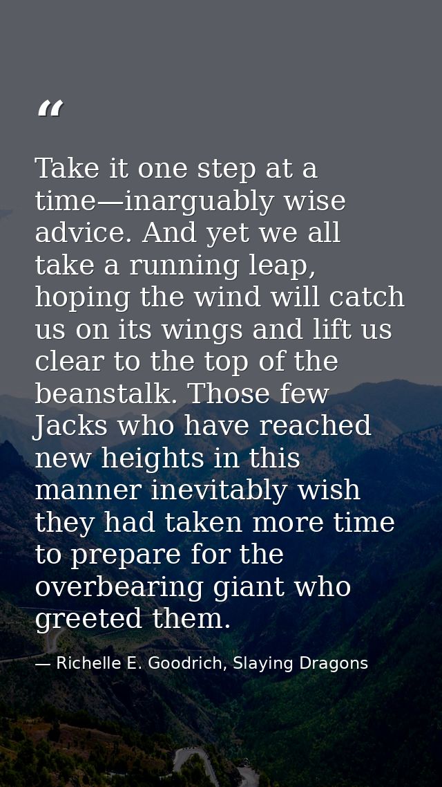 Take it one step at a time—inarguably wise advice. And yet we all take a running leap, hoping the wind will catch us on  — Richelle E. Goodrich, Slaying Dragons
