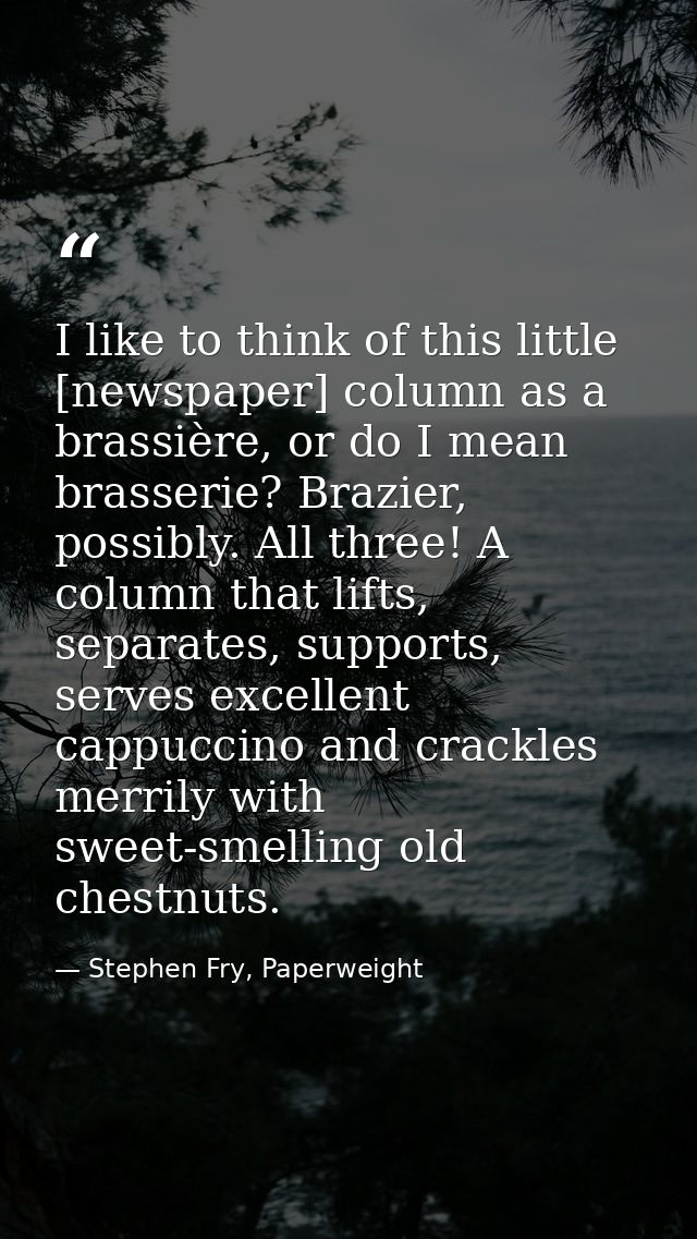I like to think of this little [newspaper] column as a brassière, or do I mean brasserie? Brazier, possibly. All three!  — Stephen Fry, Paperweight