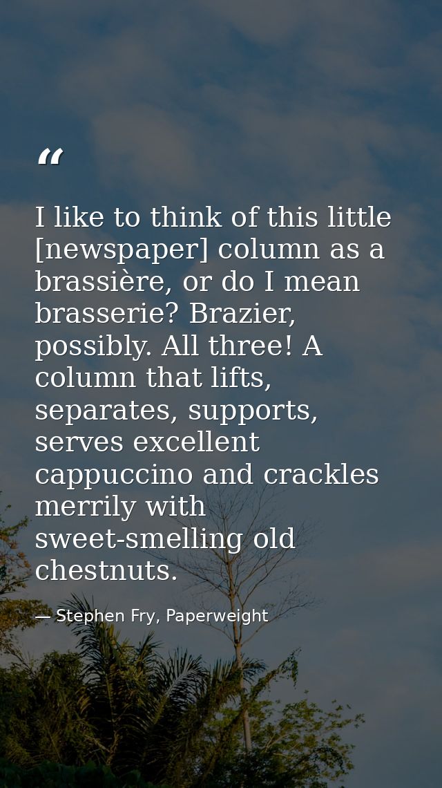 I like to think of this little [newspaper] column as a brassière, or do I mean brasserie? Brazier, possibly. All three!  — Stephen Fry, Paperweight