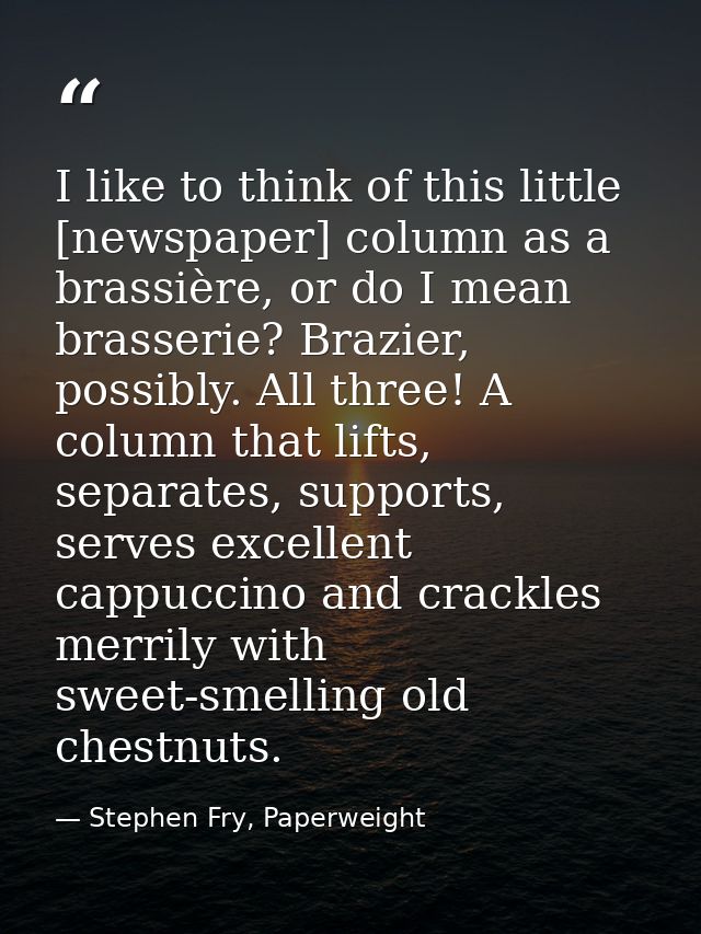 I like to think of this little [newspaper] column as a brassière, or do I mean brasserie? Brazier, possibly. All three!  — Stephen Fry, Paperweight