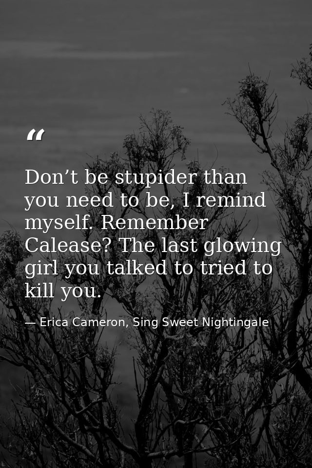 Don’t be stupider than you need to be, I remind myself. Remember Calease? The last glowing girl you talked to tried to k — Erica Cameron, Sing Sweet Nightingale