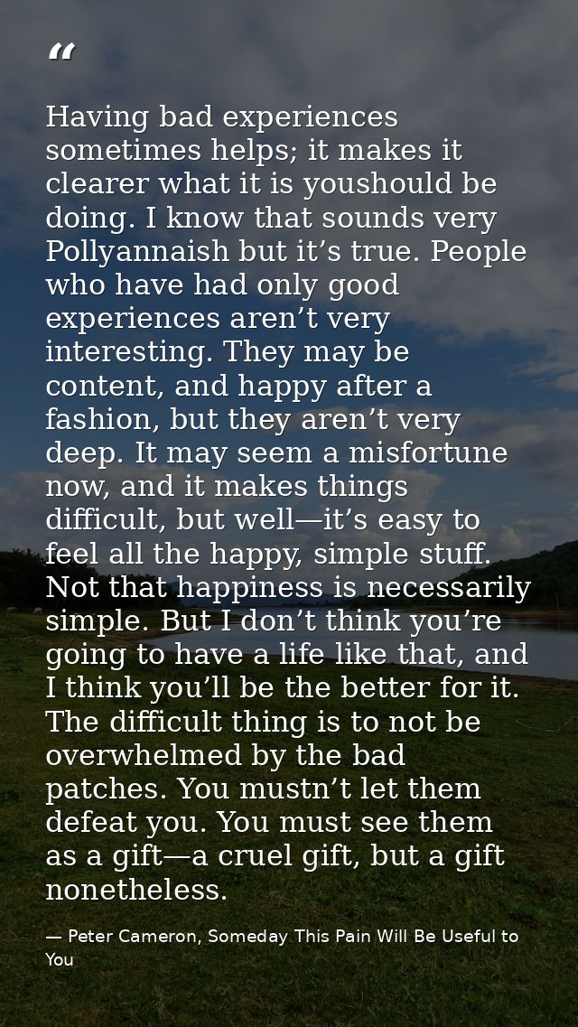 Having bad experiences sometimes helps; it makes it clearer what it is youshould be doing. I know that sounds very Polly — Peter Cameron, Someday This Pain Will Be Useful to You