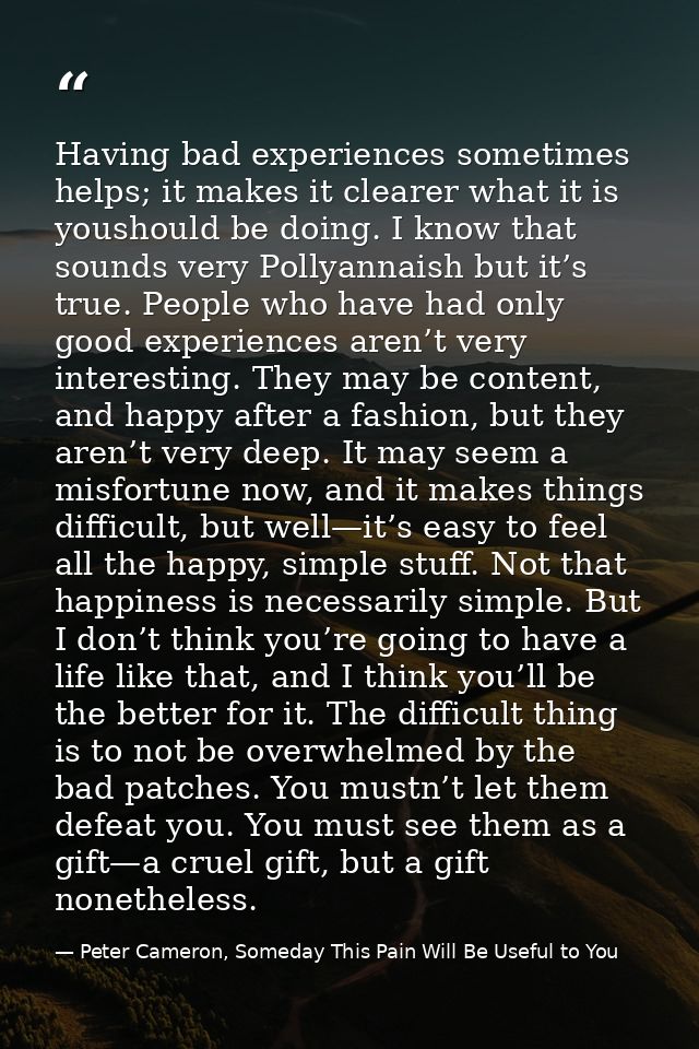 Having bad experiences sometimes helps; it makes it clearer what it is youshould be doing. I know that sounds very Polly — Peter Cameron, Someday This Pain Will Be Useful to You