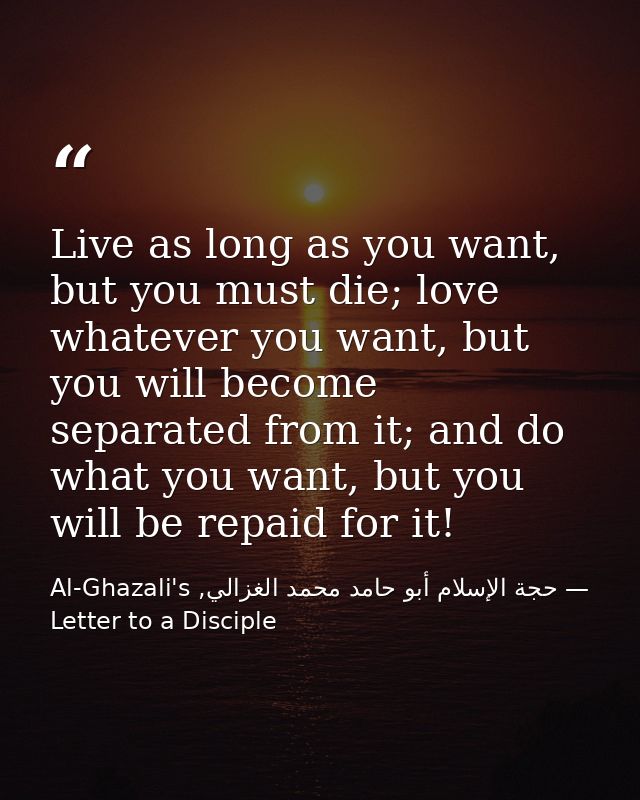 Live as long as you want, but you must die; love whatever you want, but you will become separated from it; and do what y — حجة الإسلام أبو حامد محمد الغزالي, Al-Ghazali's Letter to a Disciple
