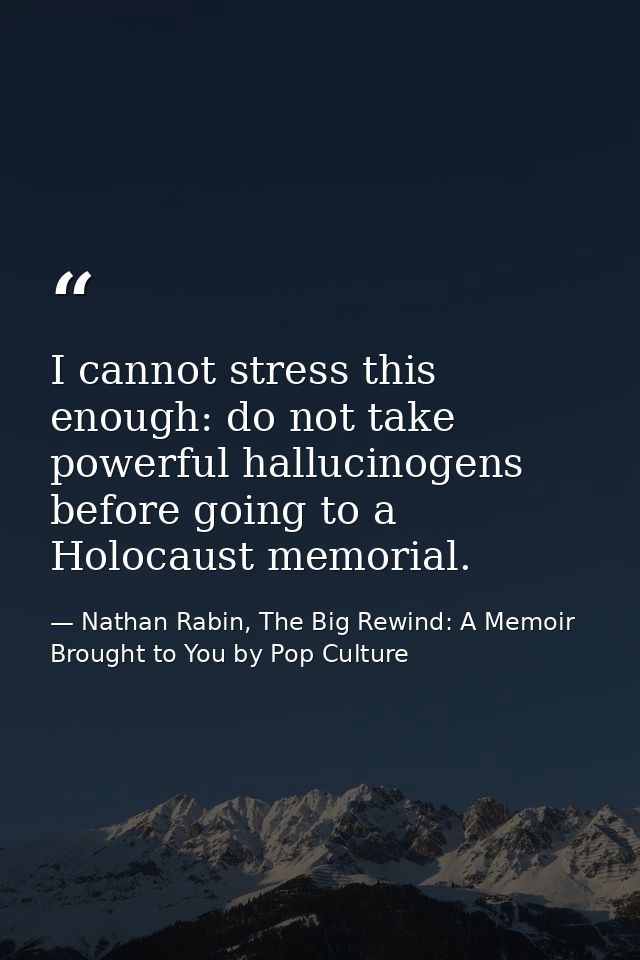 I cannot stress this enough: do not take powerful hallucinogens before going to a Holocaust memorial. — Nathan Rabin, The Big Rewind: A Memoir Brought to You by Pop Culture