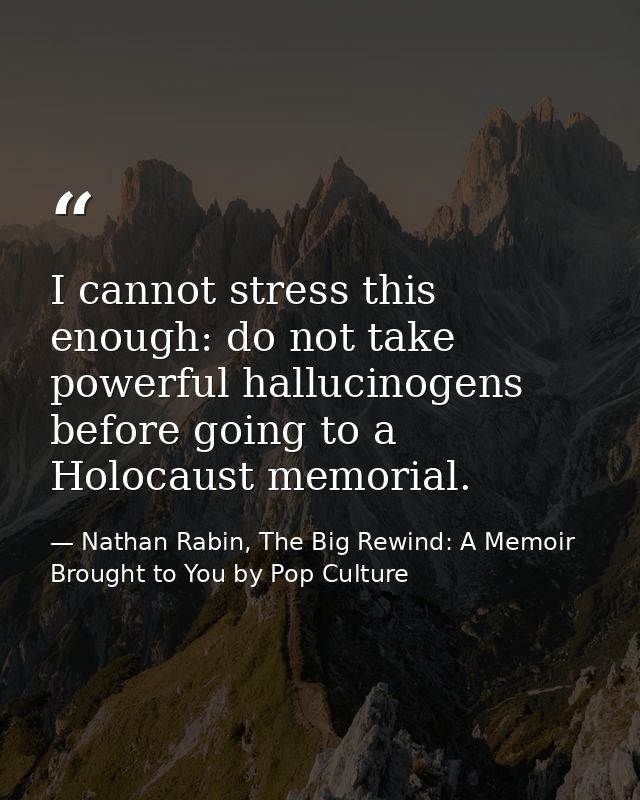 I cannot stress this enough: do not take powerful hallucinogens before going to a Holocaust memorial. — Nathan Rabin, The Big Rewind: A Memoir Brought to You by Pop Culture
