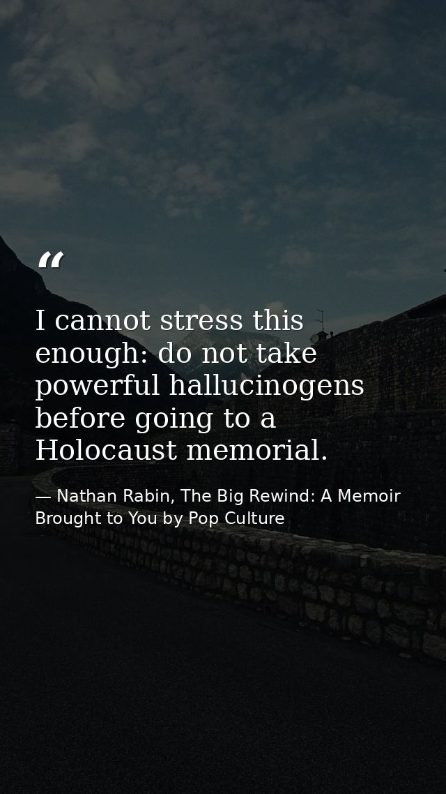 I cannot stress this enough: do not take powerful hallucinogens before going to a Holocaust memorial. — Nathan Rabin, The Big Rewind: A Memoir Brought to You by Pop Culture