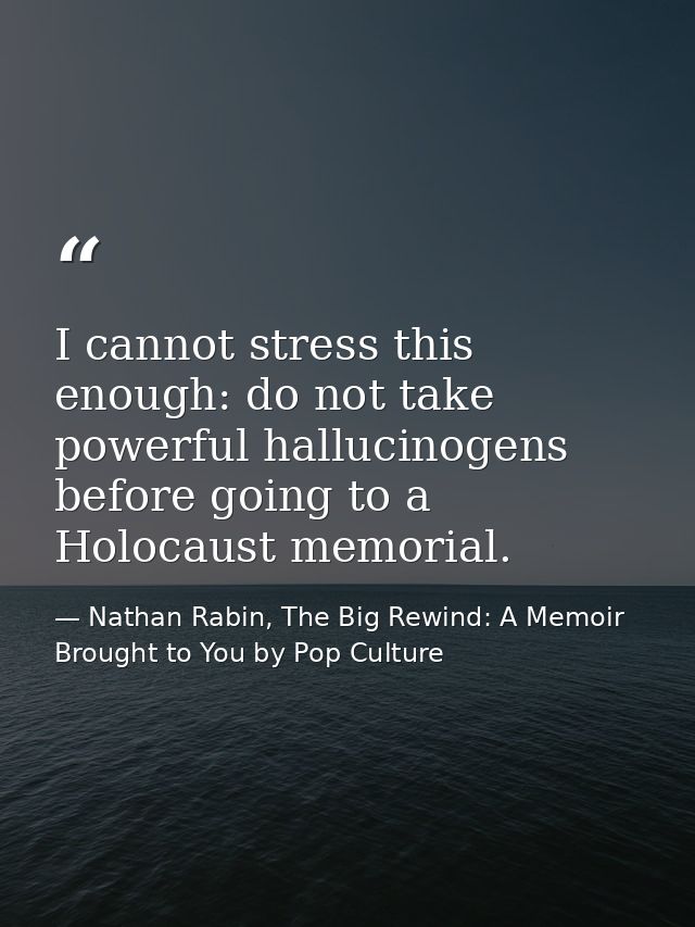 I cannot stress this enough: do not take powerful hallucinogens before going to a Holocaust memorial. — Nathan Rabin, The Big Rewind: A Memoir Brought to You by Pop Culture