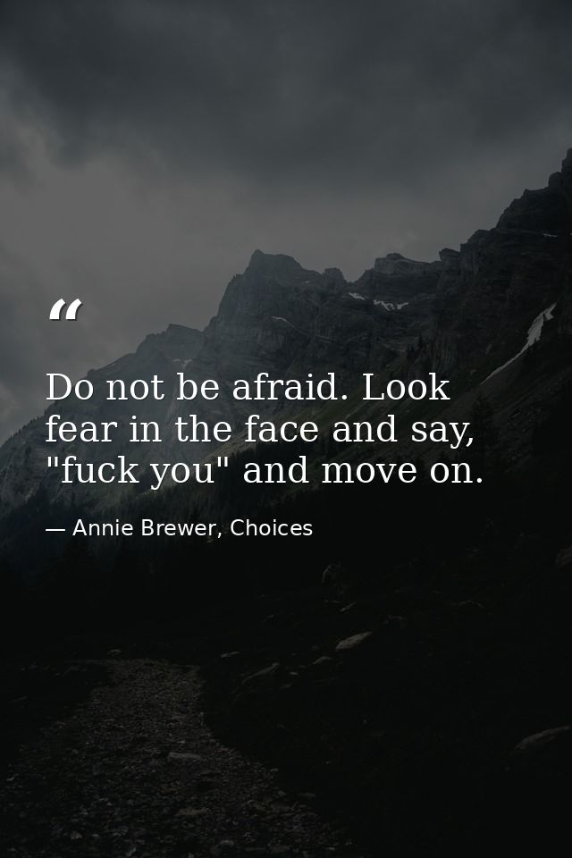 Do not be afraid. Look fear in the face and say, "fuck you" and move on. — Annie Brewer, Choices