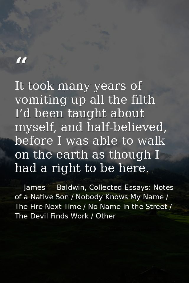 It took many years of vomiting up all the filth I’d been taught about myself, and half-believed, before I was able to wa — James     Baldwin, Collected Essays: Notes of a Native Son / Nobody Knows My Name / The Fire Next Time / No Name in the Street / The Devil Finds Work / Other