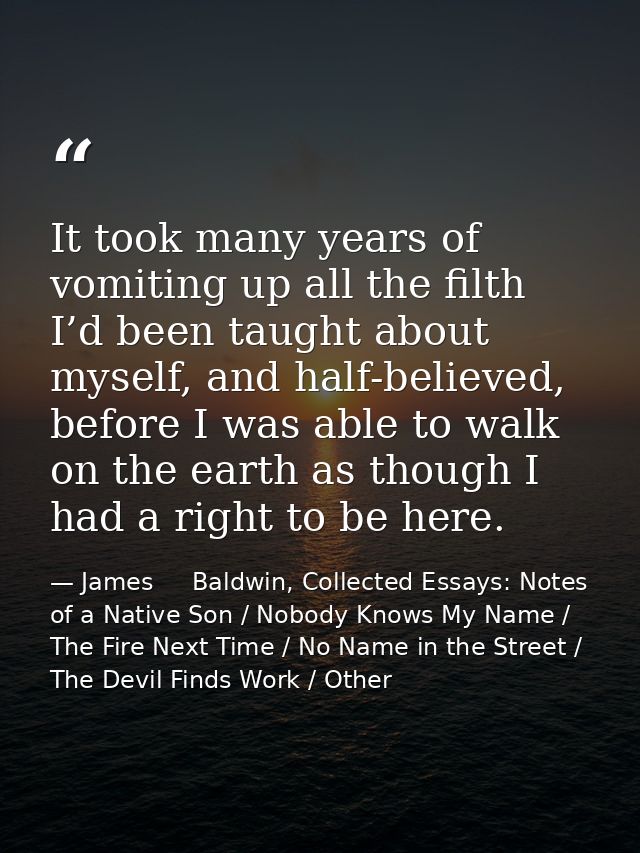 It took many years of vomiting up all the filth I’d been taught about myself, and half-believed, before I was able to wa — James     Baldwin, Collected Essays: Notes of a Native Son / Nobody Knows My Name / The Fire Next Time / No Name in the Street / The Devil Finds Work / Other
