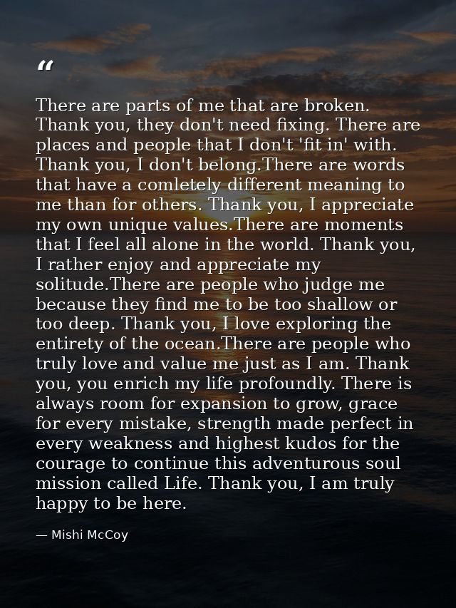 There are parts of me that are broken. Thank you, they don't need fixing. There are places and people that I don't 'fit  — Mishi McCoy