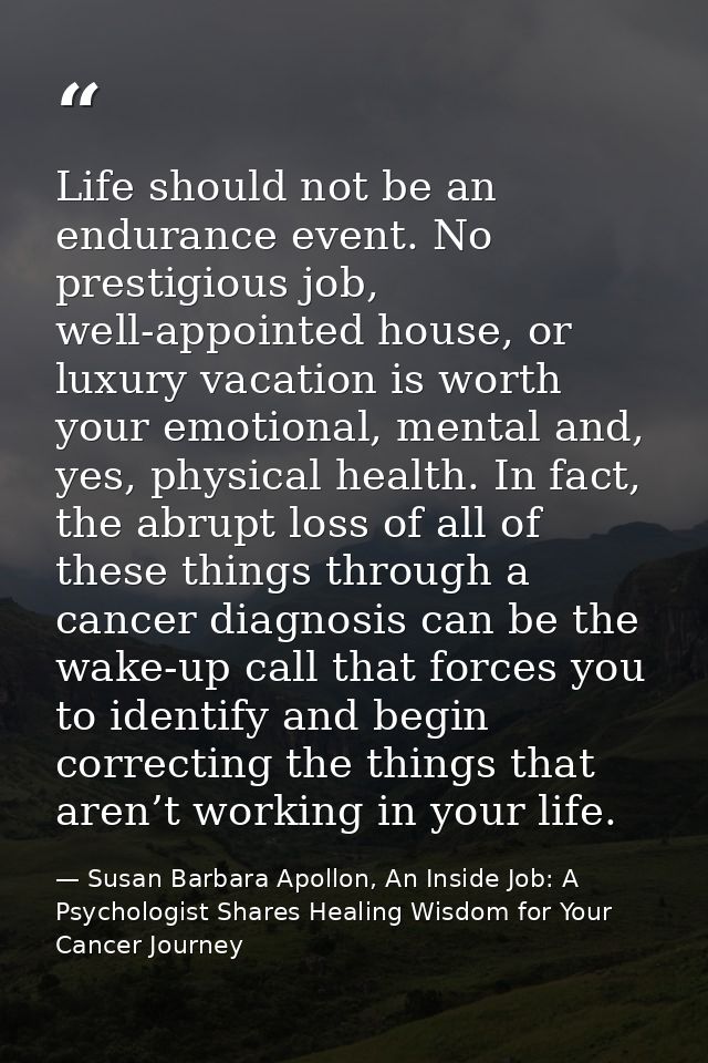 Life should not be an endurance event. No prestigious job, well-appointed house, or luxury vacation is worth your emotio — Susan Barbara Apollon, An Inside Job: A Psychologist Shares Healing Wisdom for Your Cancer Journey