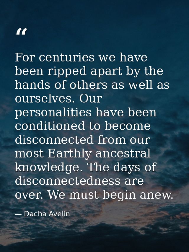 For centuries we have been ripped apart by the hands of others as well as ourselves. Our personalities have been conditi — Dacha Avelin