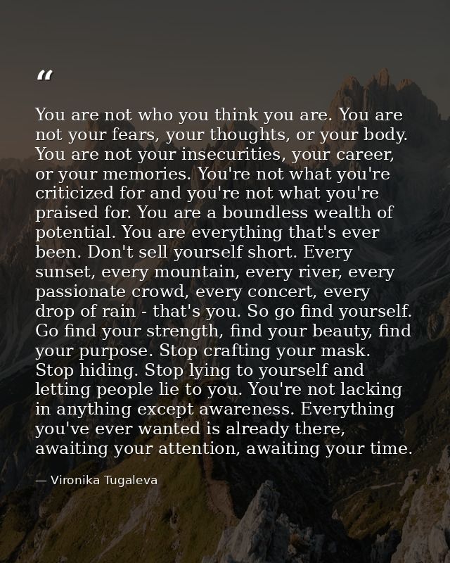 You are not who you think you are. You are not your fears, your thoughts, or your body. You are not your insecurities, y — Vironika Tugaleva