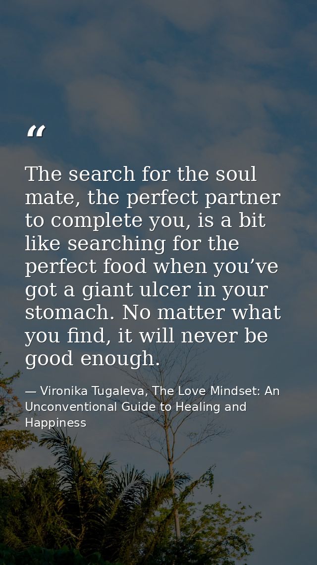 The search for the soul mate, the perfect partner to complete you, is a bit like searching for the perfect food when you — Vironika Tugaleva, The Love Mindset: An Unconventional Guide to Healing and Happiness