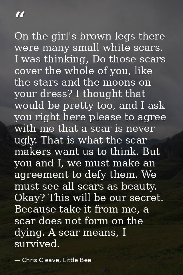 On the girl's brown legs there were many small white scars. I was thinking, Do those scars cover the whole of you, like  — Chris Cleave, Little Bee
