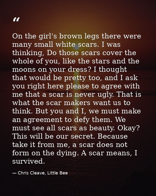 On the girl's brown legs there were many small white scars. I was thinking, Do those scars cover the whole of you, like  — Chris Cleave, Little Bee
