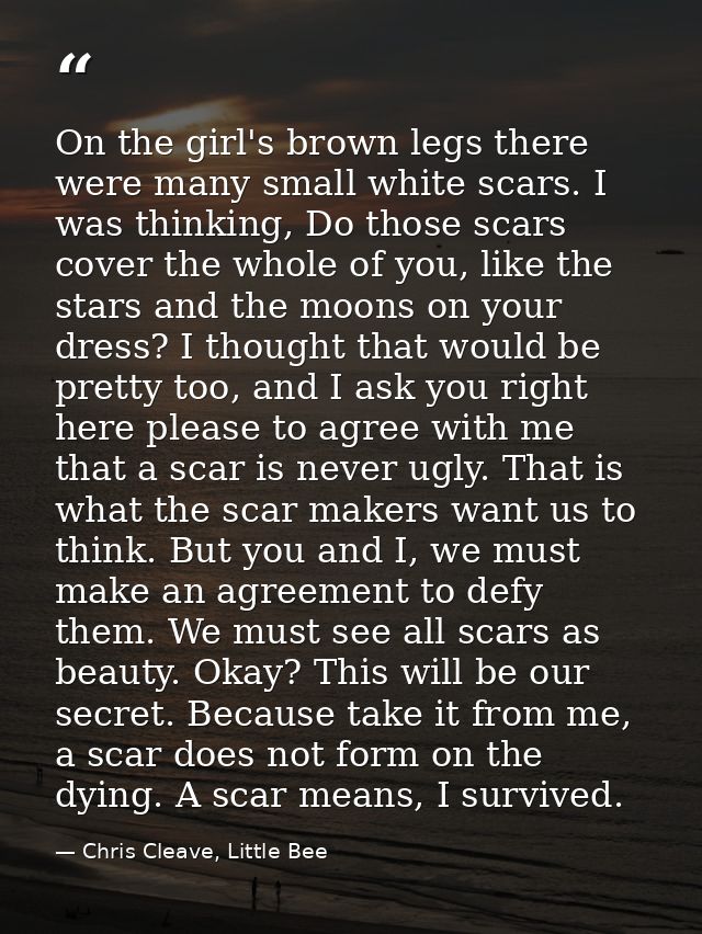 On the girl's brown legs there were many small white scars. I was thinking, Do those scars cover the whole of you, like  — Chris Cleave, Little Bee