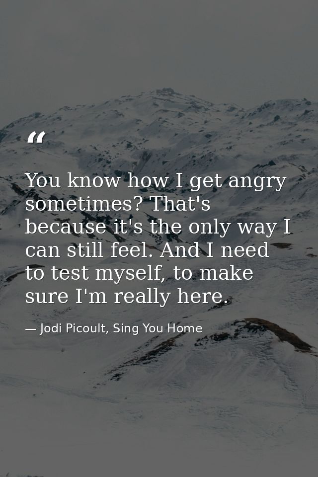 You know how I get angry sometimes? That's because it's the only way I can still feel. And I need to test myself, to mak — Jodi Picoult, Sing You Home