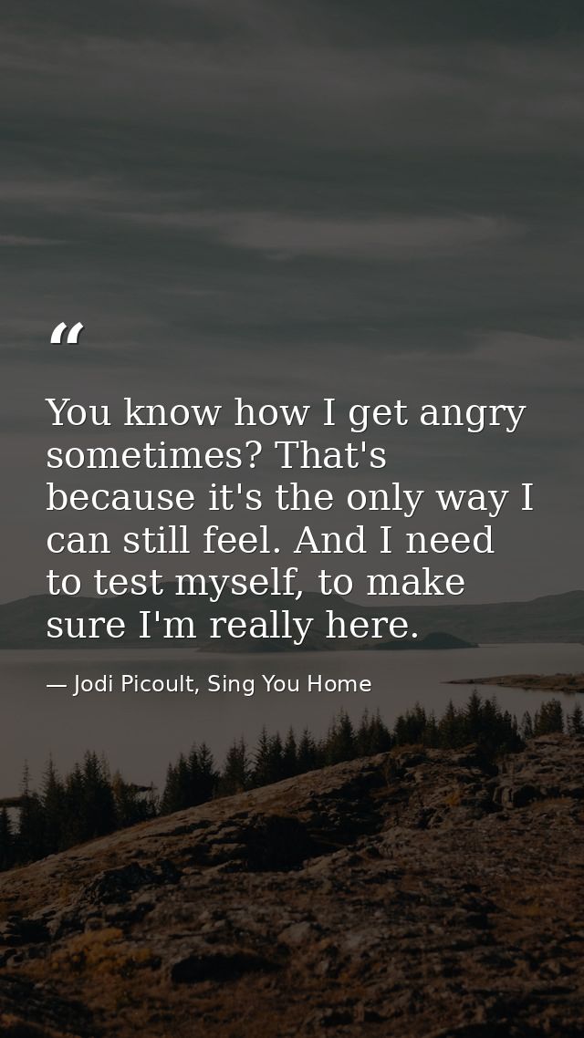 You know how I get angry sometimes? That's because it's the only way I can still feel. And I need to test myself, to mak — Jodi Picoult, Sing You Home