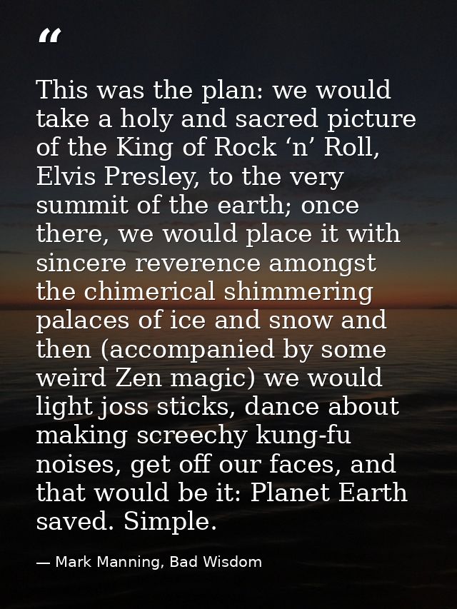 This was the plan: we would take a holy and sacred picture of the King of Rock ‘n’ Roll, Elvis Presley, to the very summ — Mark Manning, Bad Wisdom