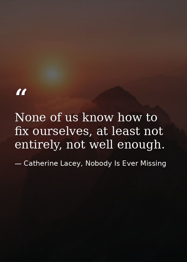None of us know how to fix ourselves, at least not entirely, not well enough. — Catherine Lacey, Nobody Is Ever Missing