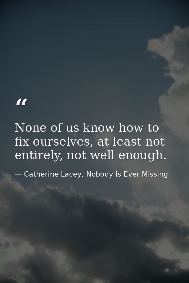 None of us know how to fix ourselves, at least not entirely, not well enough. — Catherine Lacey, Nobody Is Ever Missing