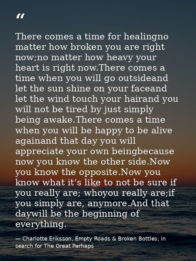 There comes a time for healingno matter how broken you are right now;no matter how heavy your heart is right now.There c — Charlotte Eriksson, Empty Roads & Broken Bottles; in search for The Great Perhaps