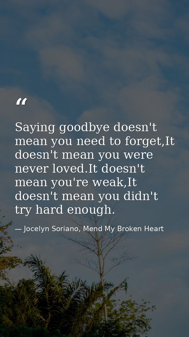 Saying goodbye doesn't mean you need to forget,It doesn't mean you were never loved.It doesn't mean you're weak,It doesn — Jocelyn Soriano, Mend My Broken Heart